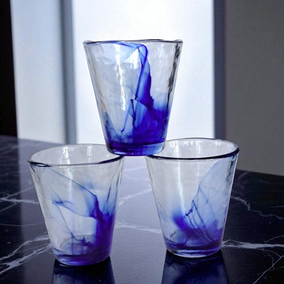 Bormioli Rocco Murano Cobalt Blue Swirl Glasses Set Of 3 Italy Organic 4.5” Tall - Picture 1 of 7